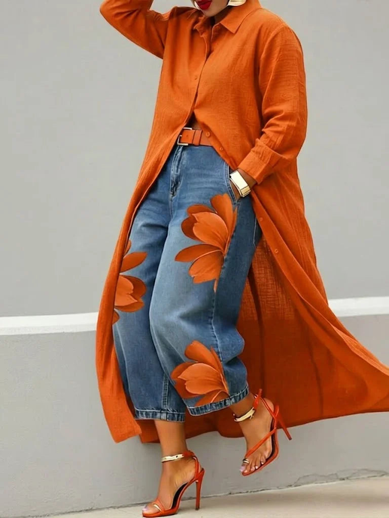 Long Sleeve Duster Shirt and Floral Wide Leg Jeans Two Piece Set 3