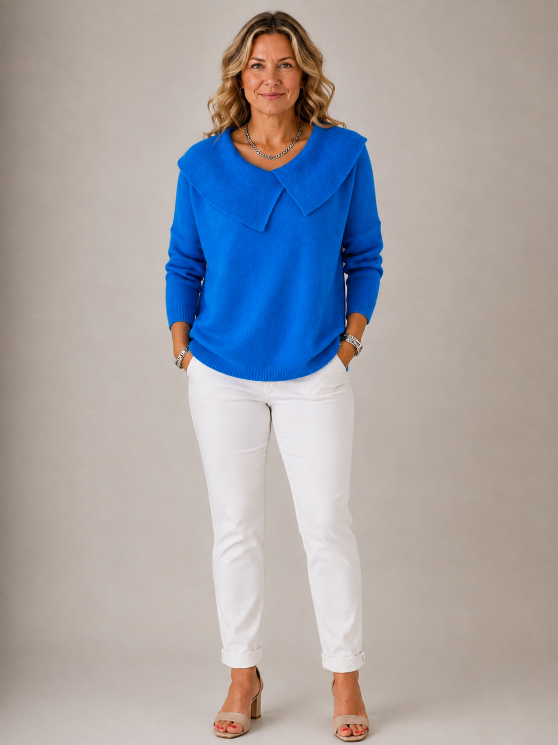Oversized Collar V-Neck Long Sleeve Knit Sweater