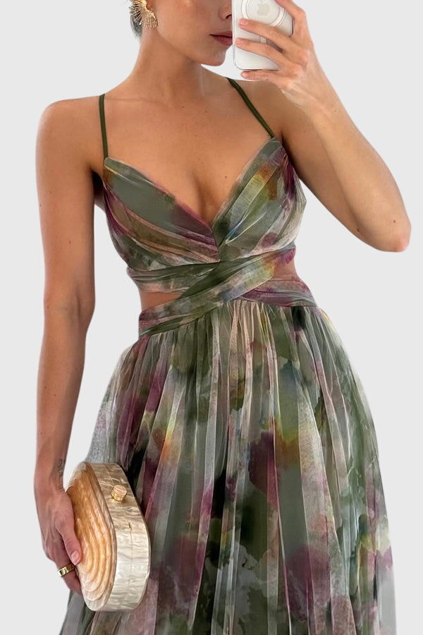 Floral V-Neck Spaghetti Strap Tulle High Split Maxi Gown 6