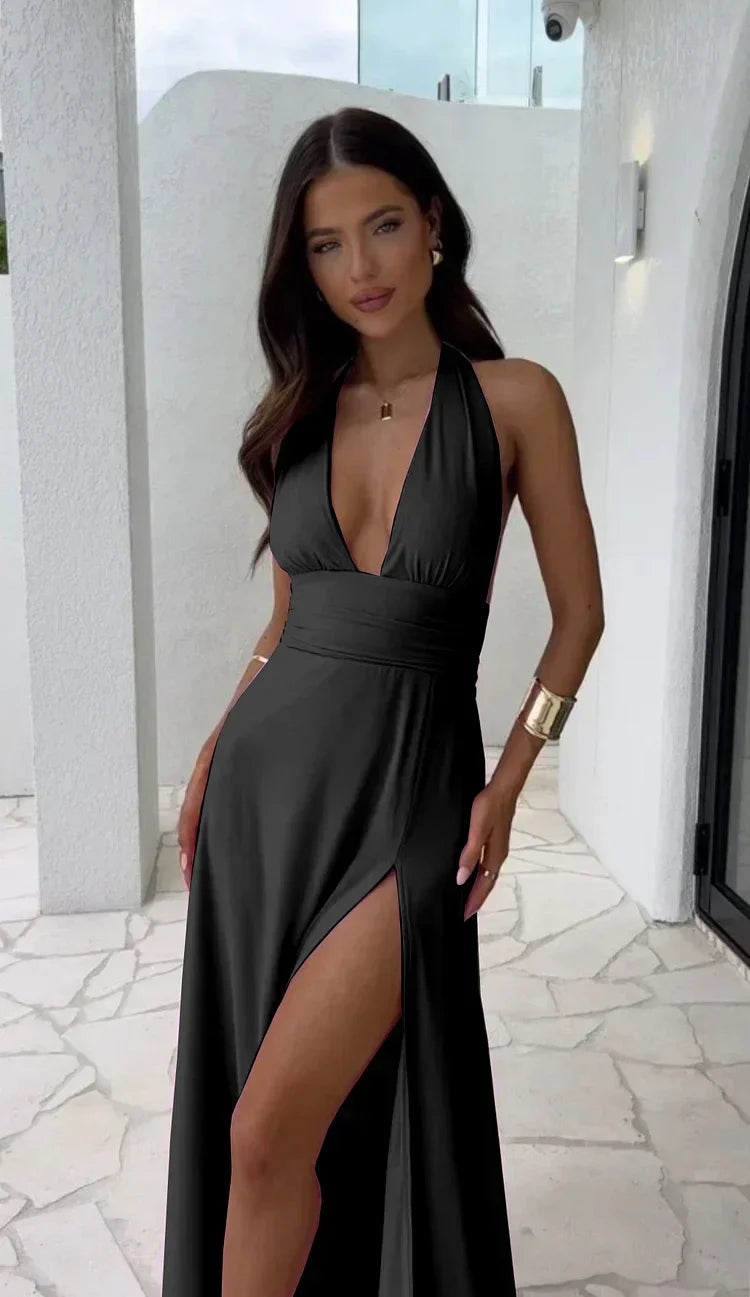 Halter Neck Deep V-Neck Pleated Waist High Split Maxi Gown - View 6