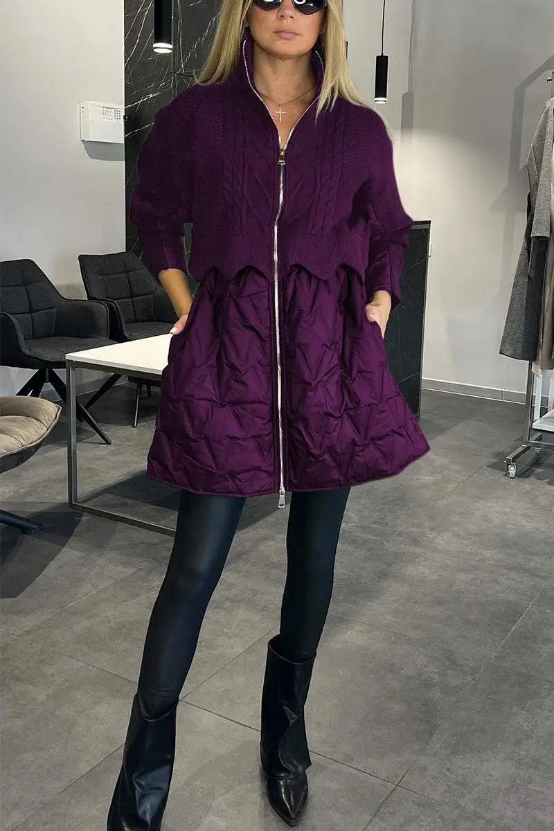 High Neck Zip Front Knit Quilted Hybrid Jacket