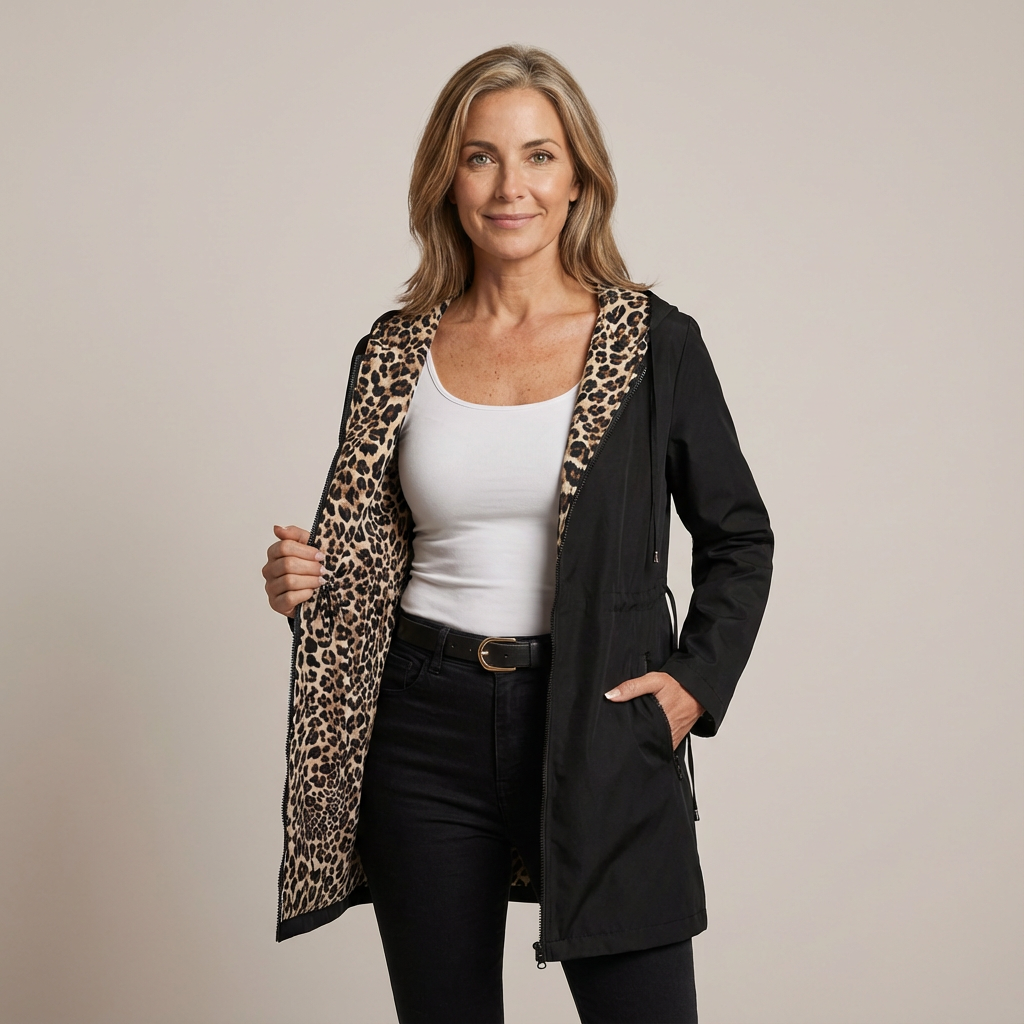 Hooded Zip Front Leopard Lined Longline Coat 2