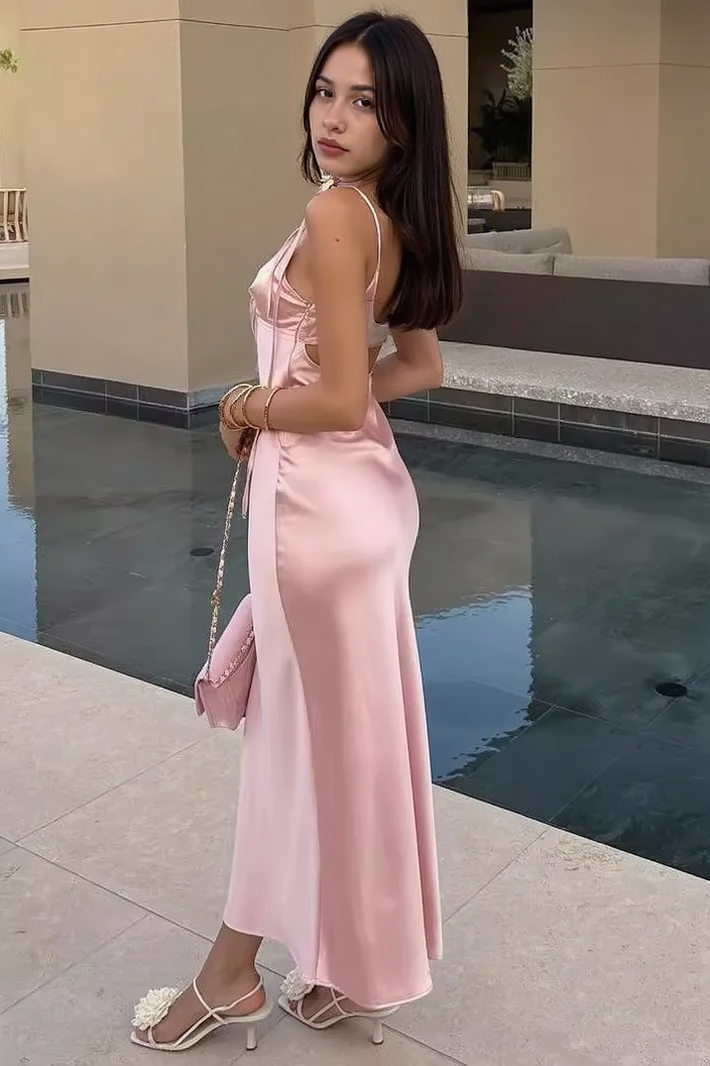 Satin Tie Front Deep V-Neck Cut Out Tie Shoulder Strap Slip Maxi Dress - View 4