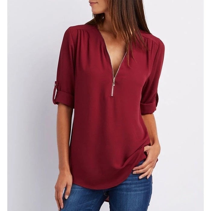 V-Neck Zip Front Roll Tab Sleeve Chiffon Blouse 3