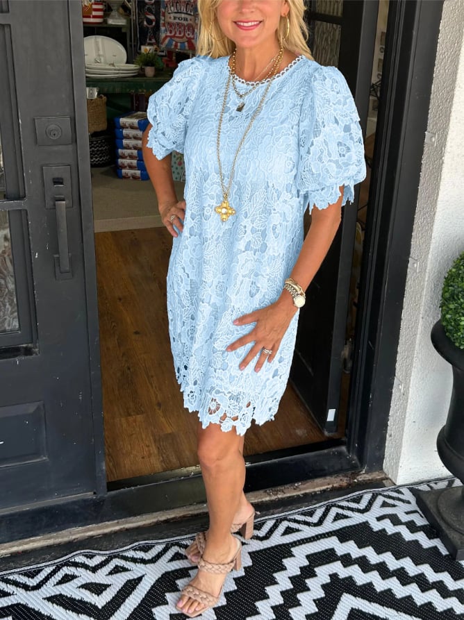 Floral Lace Round Neck Puff Sleeve Tiered Ruffle Shift Mini Dress - View 4