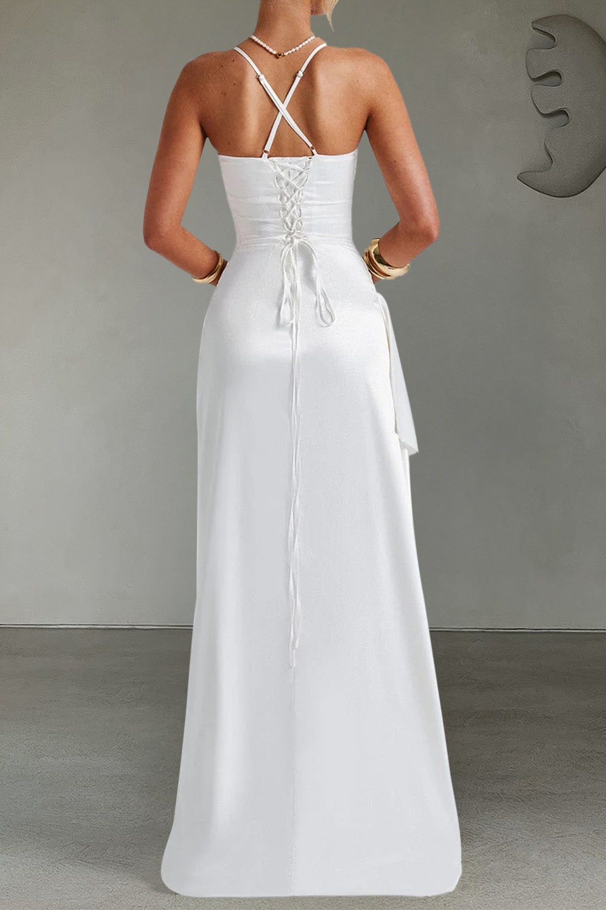 Satin Spaghetti Strap Cowl Neck Ruched High Split Drape Maxi Gown - View 4