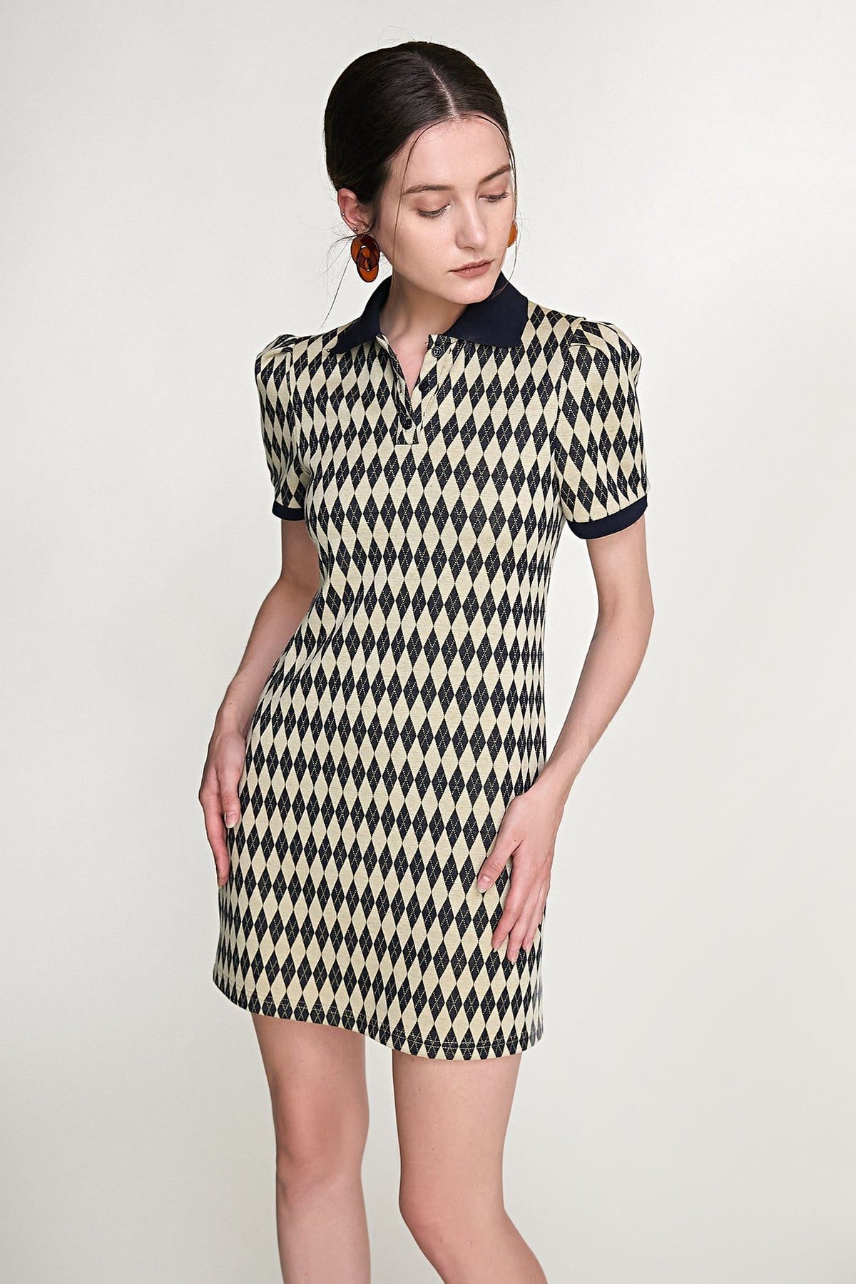 Argyle Knit Polo Collar Puff Sleeve Contrast Trim Mini Dress - View 2