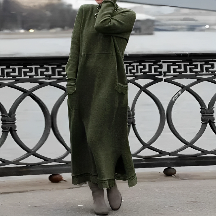 Knit Mock Neck Long Sleeve Scalloped Pocket Distressed Hem Maxi Dress - View 4