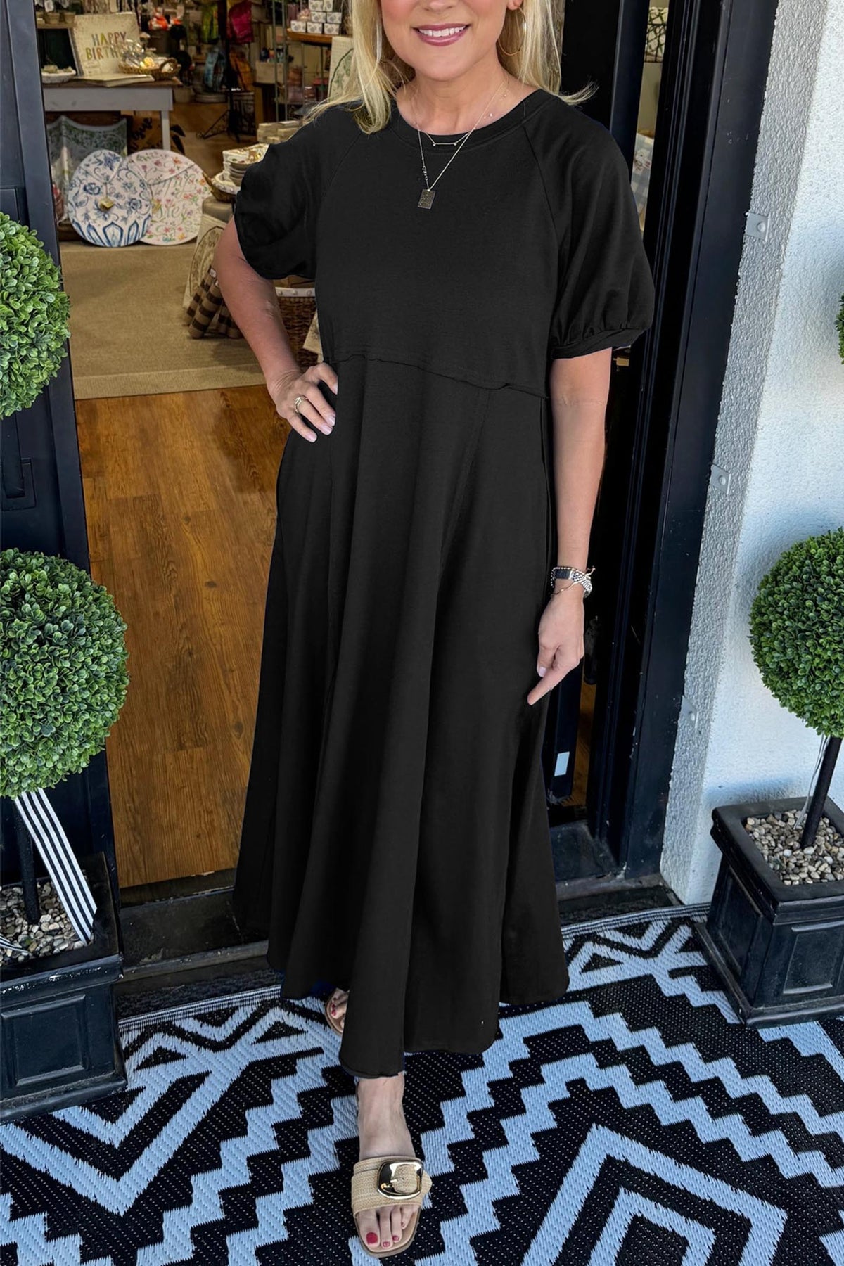 Round Neck Puff Sleeve Fit and Flare Midi Dress 3