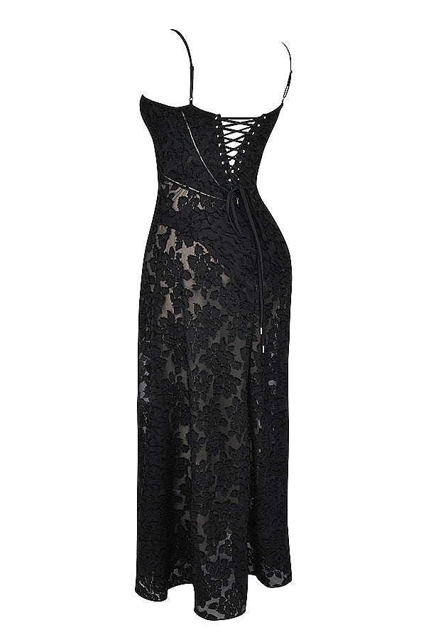 Floral Lace Spaghetti Strap Corset Bodice Sheer Mesh Maxi Gown 42