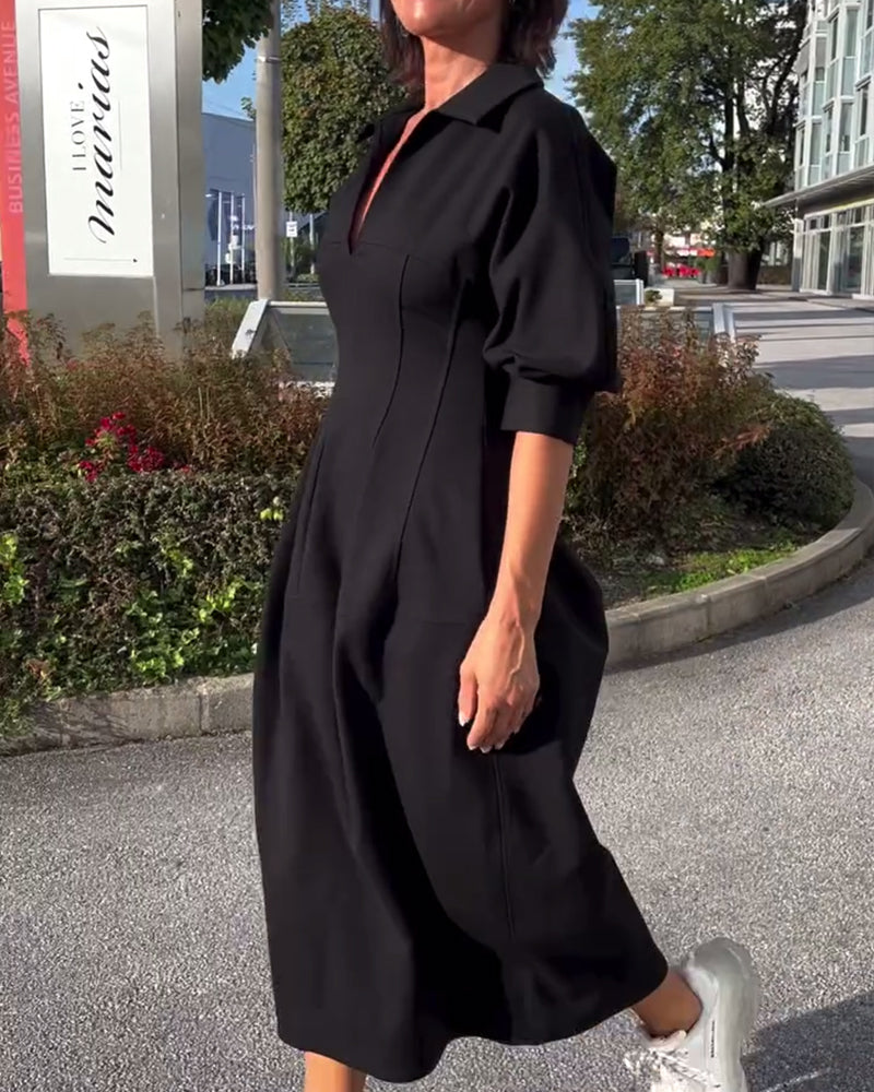 Collared V-Neck Short Sleeve Pocket Cocoon Midi Dress 3