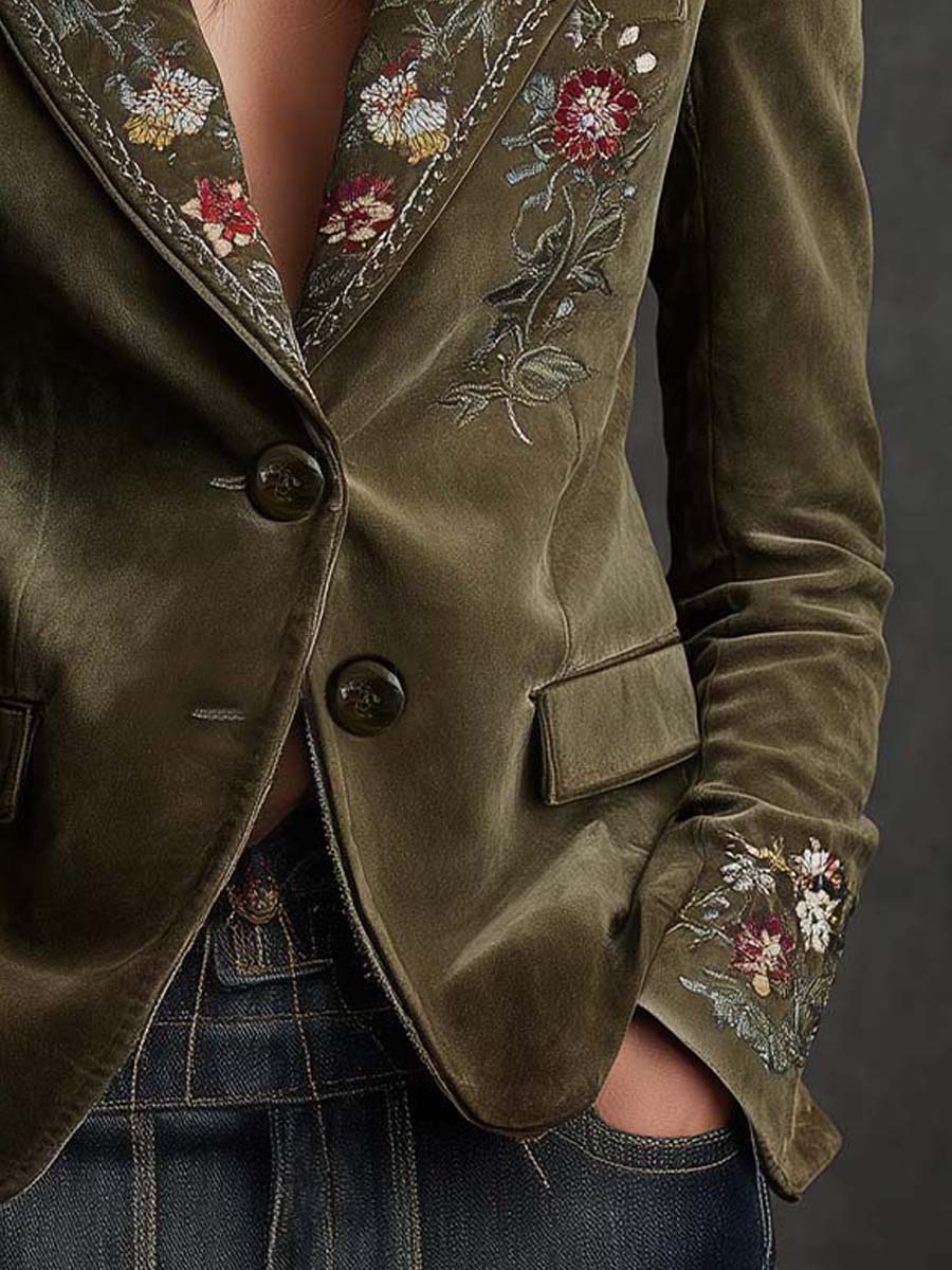 Embroidered Floral Velvet Single Button Blazer 5