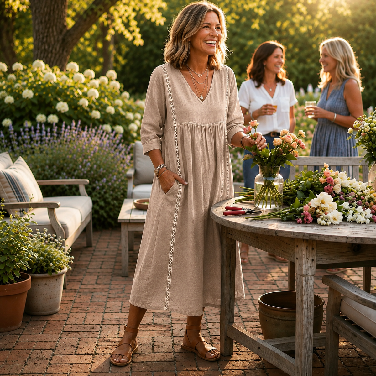 V-Neck 3/4 Sleeve Ladder Trim Linen Look Midi Dress 3
