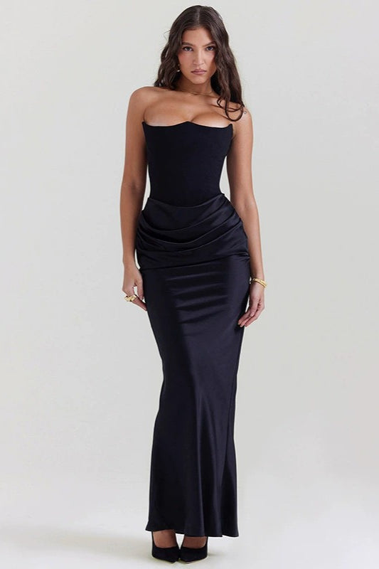 Strapless Sweetheart Corset Gathered Waist Satin Column Maxi Gown - View 3