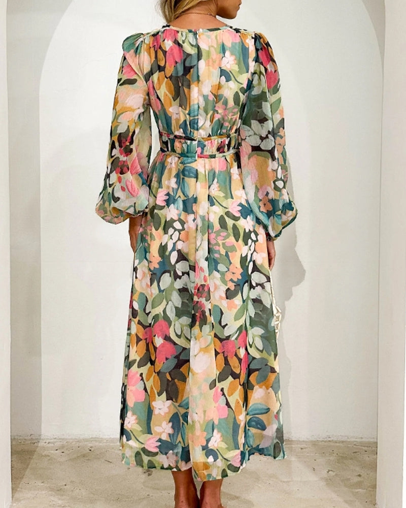 Floral Chiffon V-Neck Long Sleeve Ruched Waist Maxi Dress 5