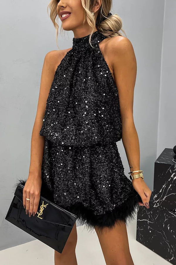 Sequin Halter Neck Feather Trim Babydoll Mini Dress - View 2