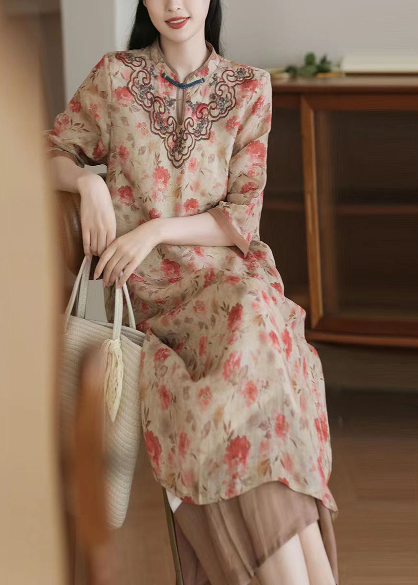 Floral Print Mandarin Collar Frog Button Chest Midi Dress