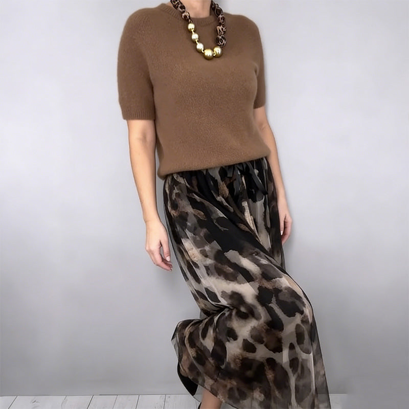 Short Sleeve Knit Top and Leopard Mesh Pleated Maxi Skirt Two Piece Set 4