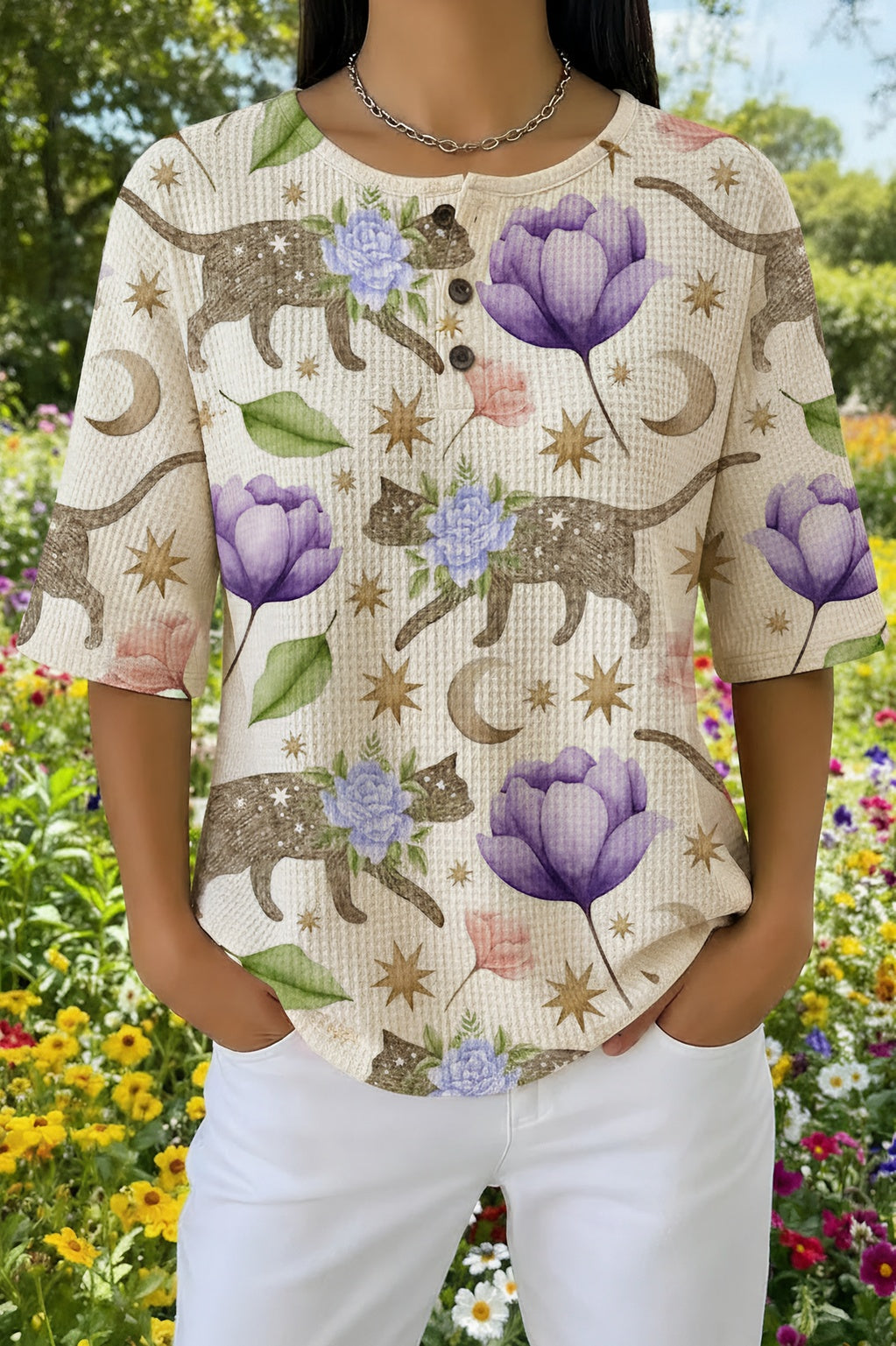 Cat Floral Print Waffle Knit Short Sleeve Henley Top