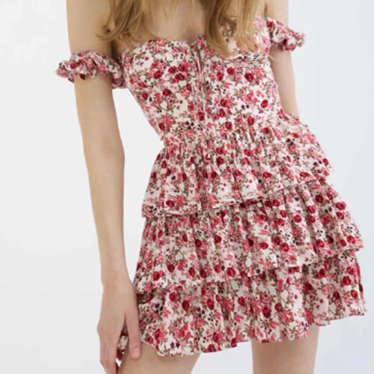 Floral Off Shoulder Sweetheart Bustier Tiered Ruffle Mini Dress - View 16