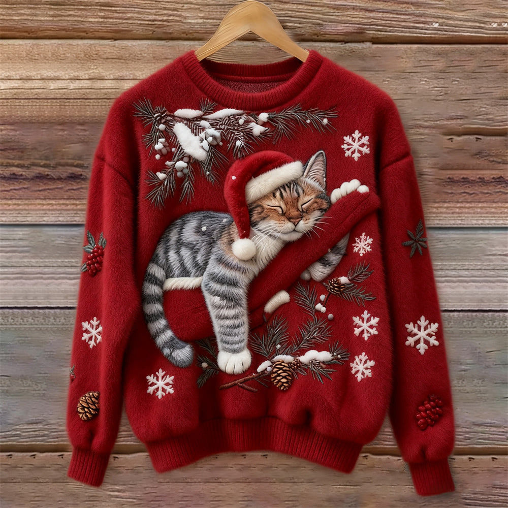 Crew Neck Christmas Cat Print Fuzzy Knit Sweater 3