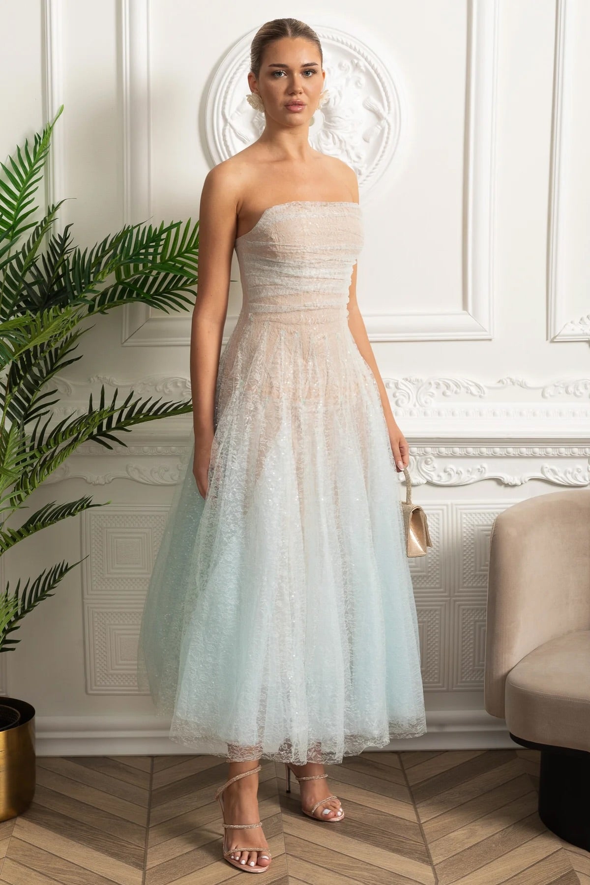 Strapless A-Line Midi Dress - Turquoise Gradient - View 3