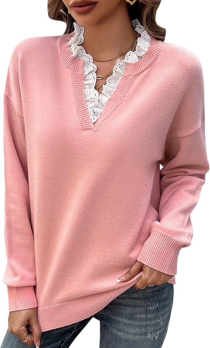 Lace Trim V-Neck Long Sleeve Knit Sweater 4