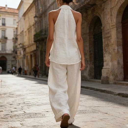 Halter Deep V-Neck Top and Wide Leg Pants Two Piece Set 3