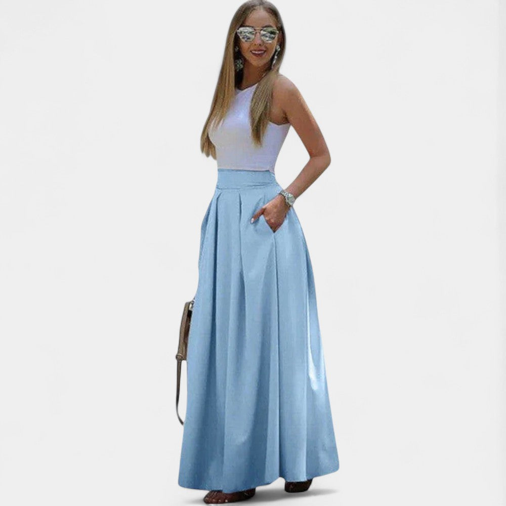 High Waist Pleated Pocket Flared Maxi Skirt 4