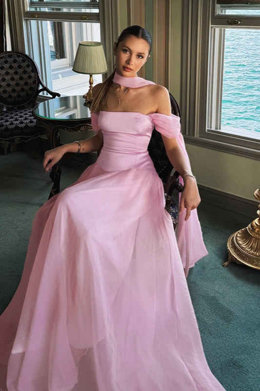 Satin Off Shoulder Choker Short Sleeve Corset A-Line Maxi Gown - View 3
