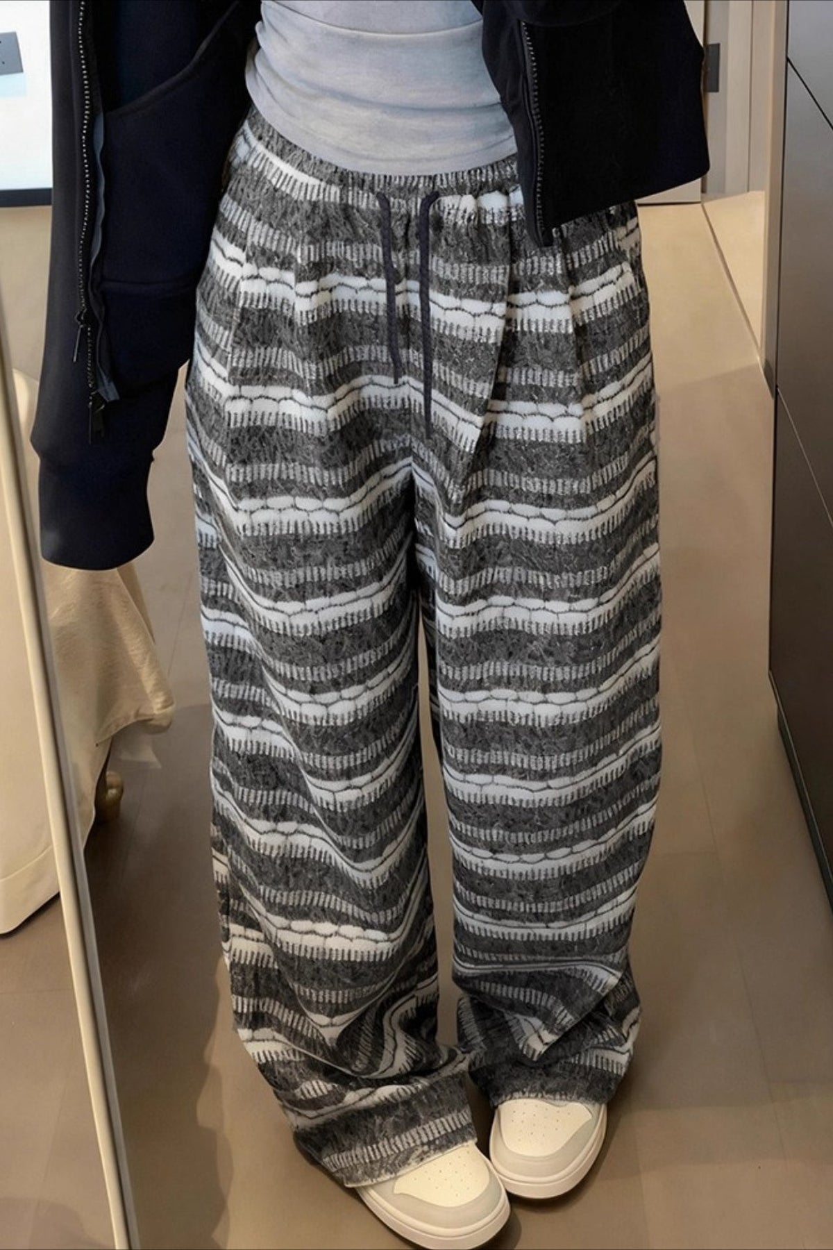 Relaxed Fair Isle Fleece Wide Leg Knit Pants
