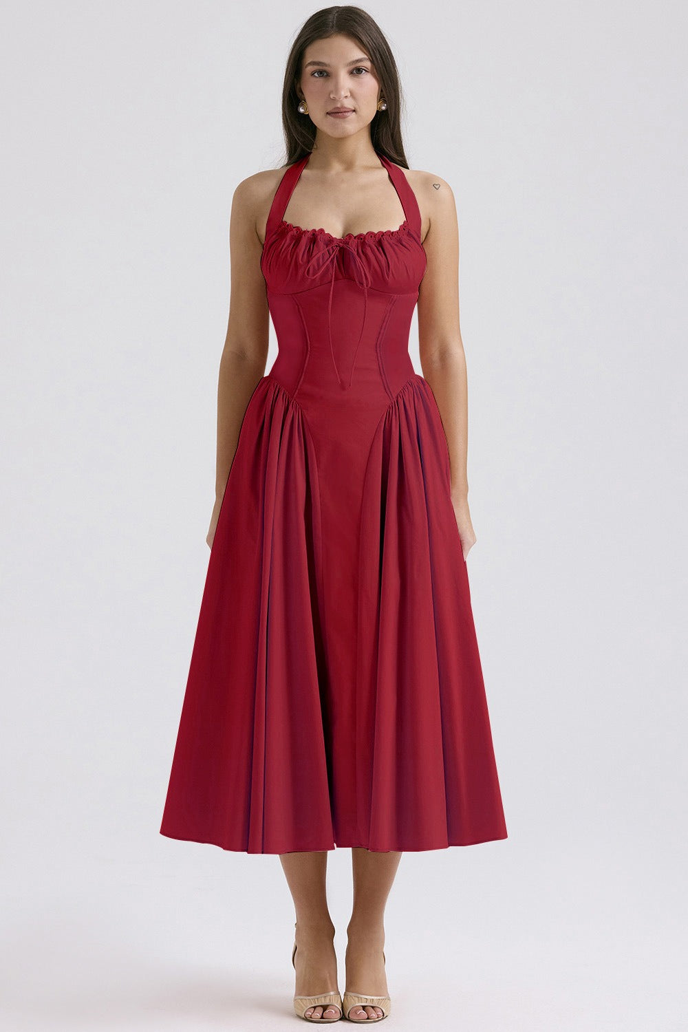 Halter Neck Ruched Corset Fit and Flare Midi Dress - View 14