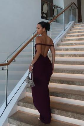 Off Shoulder Fold Over Sleeve Knit Bodycon Floor Length Gown - View 12