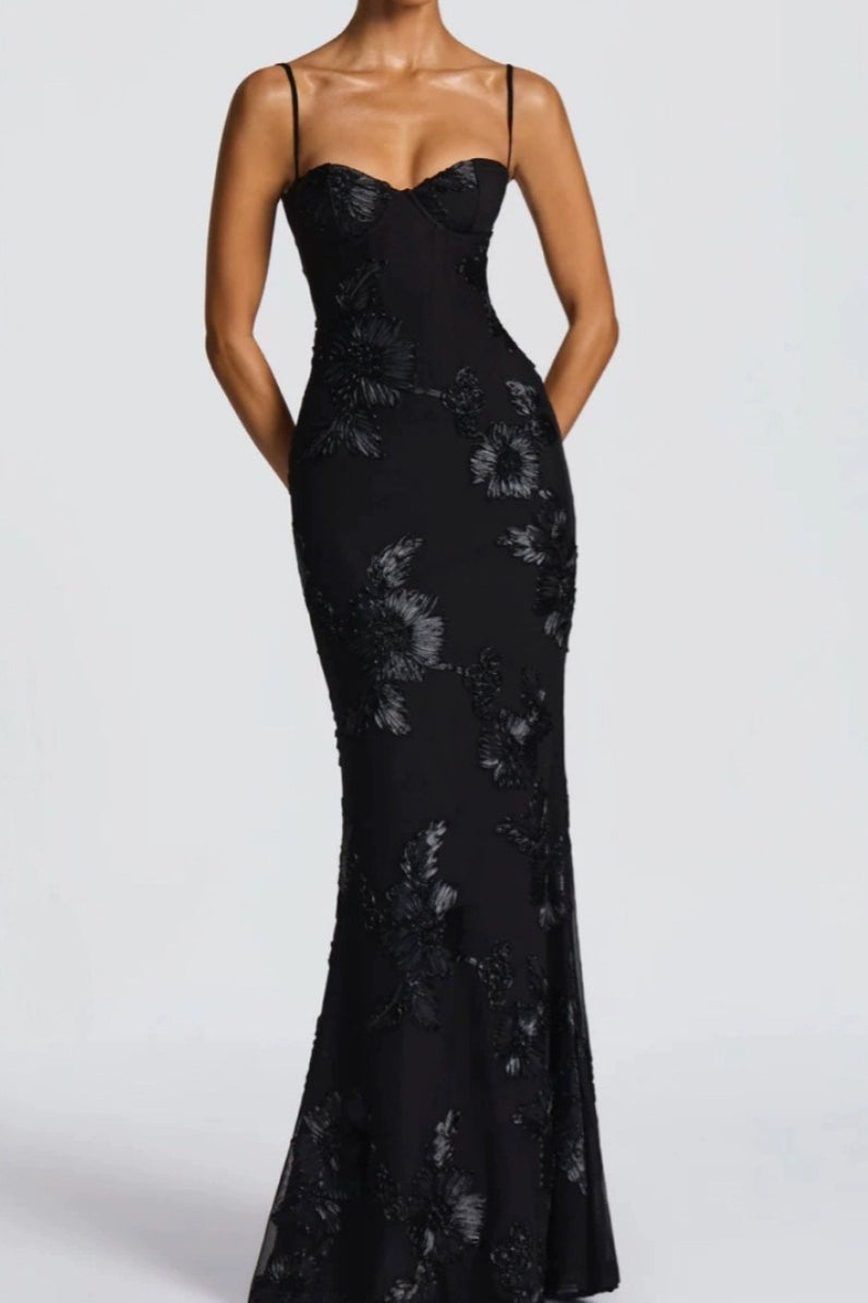 Spaghetti Strap Sweetheart Floral Embroidered Mesh Mermaid Maxi Dress 3