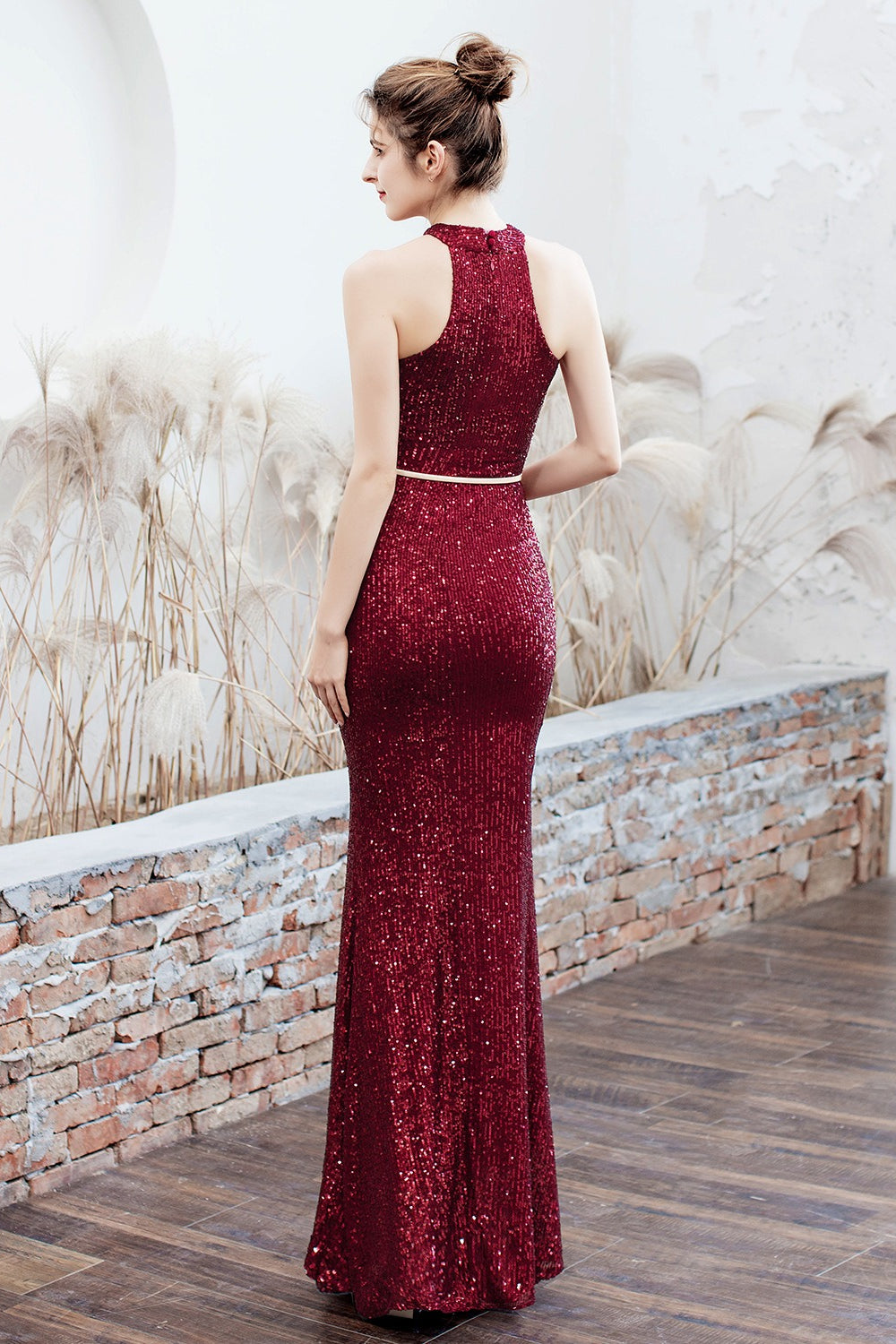 Sequin Halter Neck Keyhole Mermaid Gown - View 19