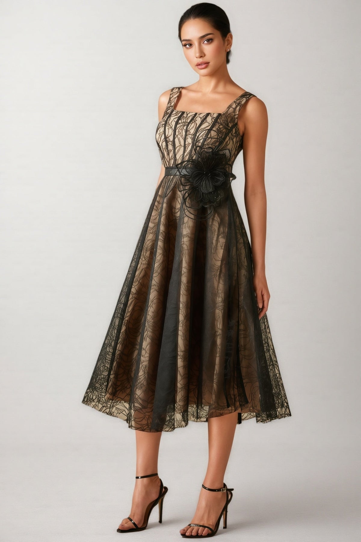 Floral Lace Square Neck Fit and Flare Midi Dress - View 2