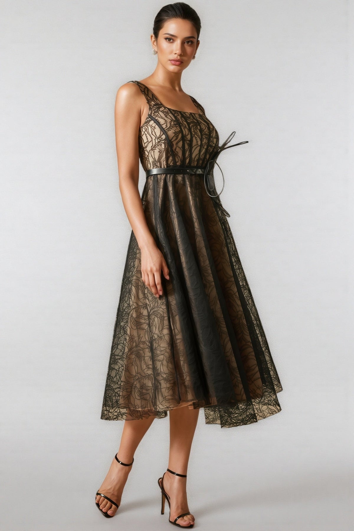 Floral Lace Square Neck Fit and Flare Midi Dress - View 3