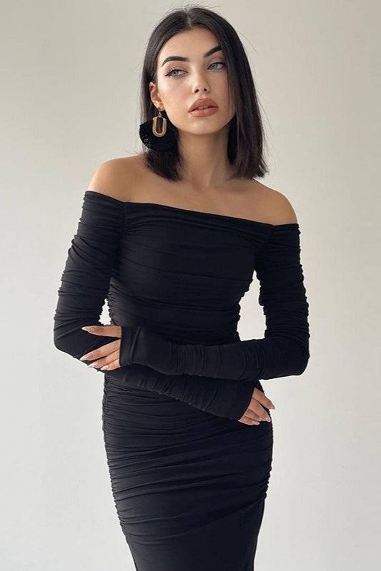 Off Shoulder Long Sleeve Ruched High Split Bodycon Maxi Dress - View 2