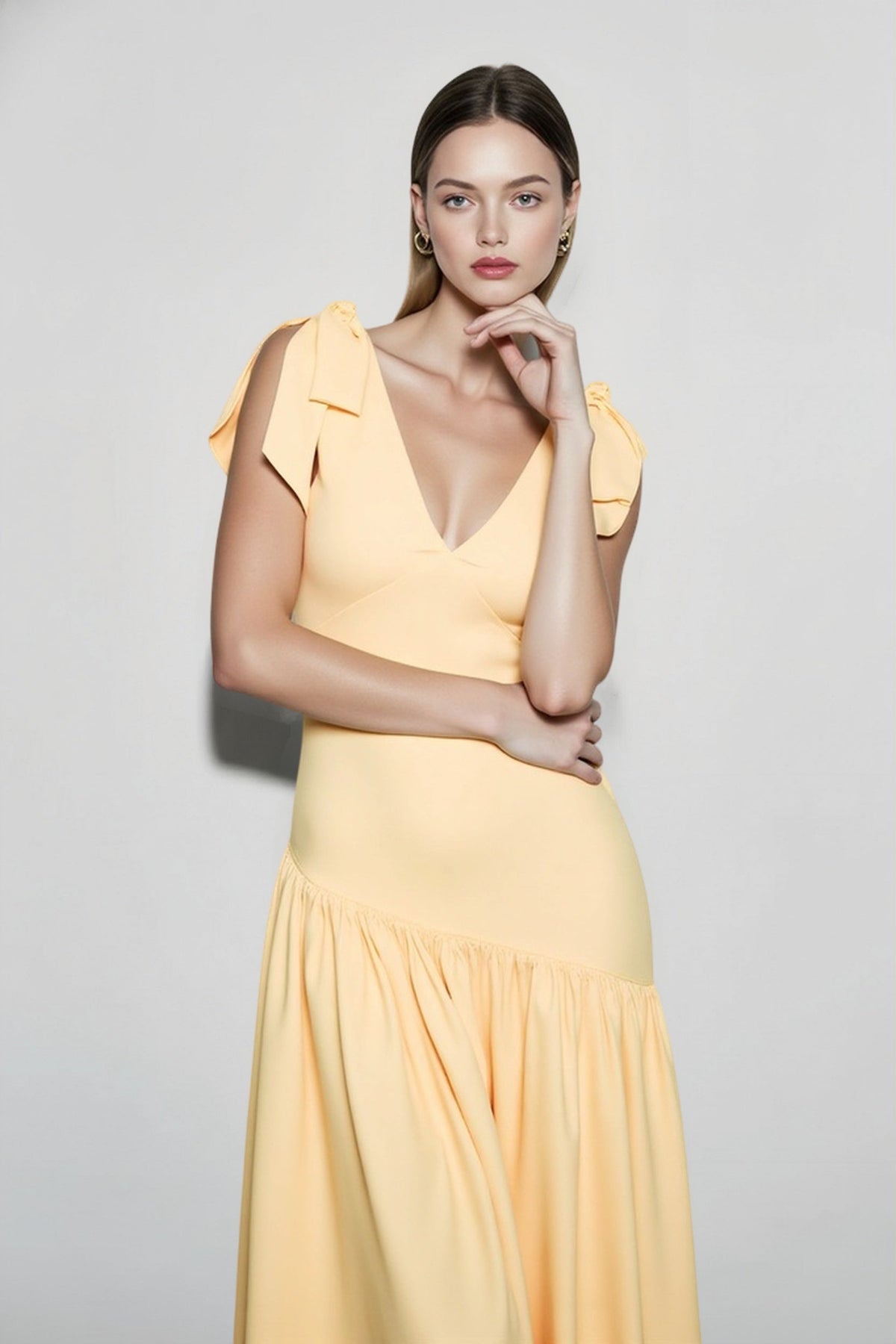 V-Neck Bow Strap Gathered Asymmetric Drop Waist Maxi Gown - View 3