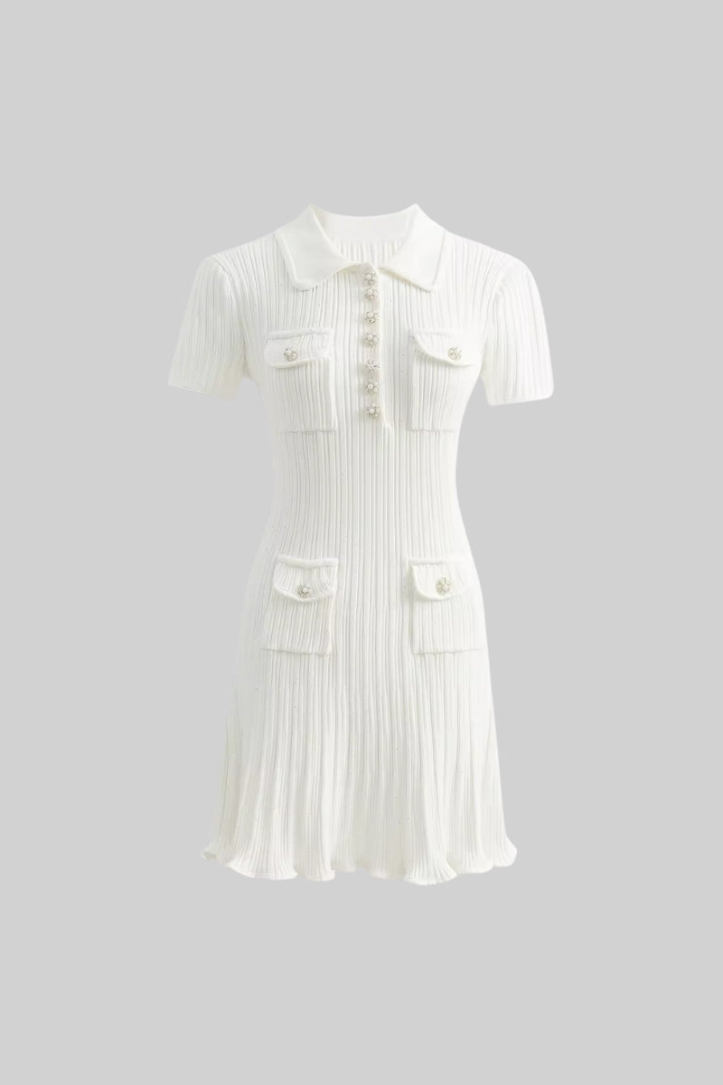 Ribbed Knit Sequin Jewel Button Collar Patch Pocket Mini Dress - View 16