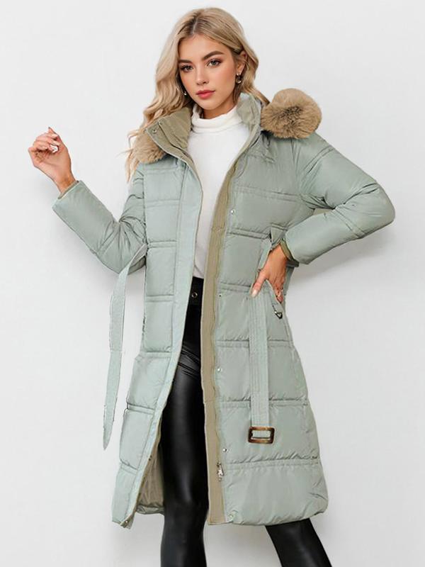 Faux Fur Hood Belted Quilted Longline Puffer Coat 3