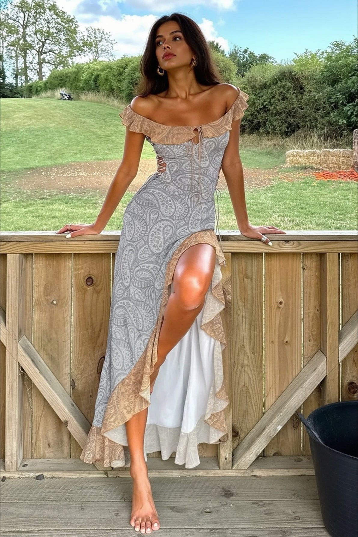 Off Shoulder Ruffled High Slit Spaghetti Strap Party Dress