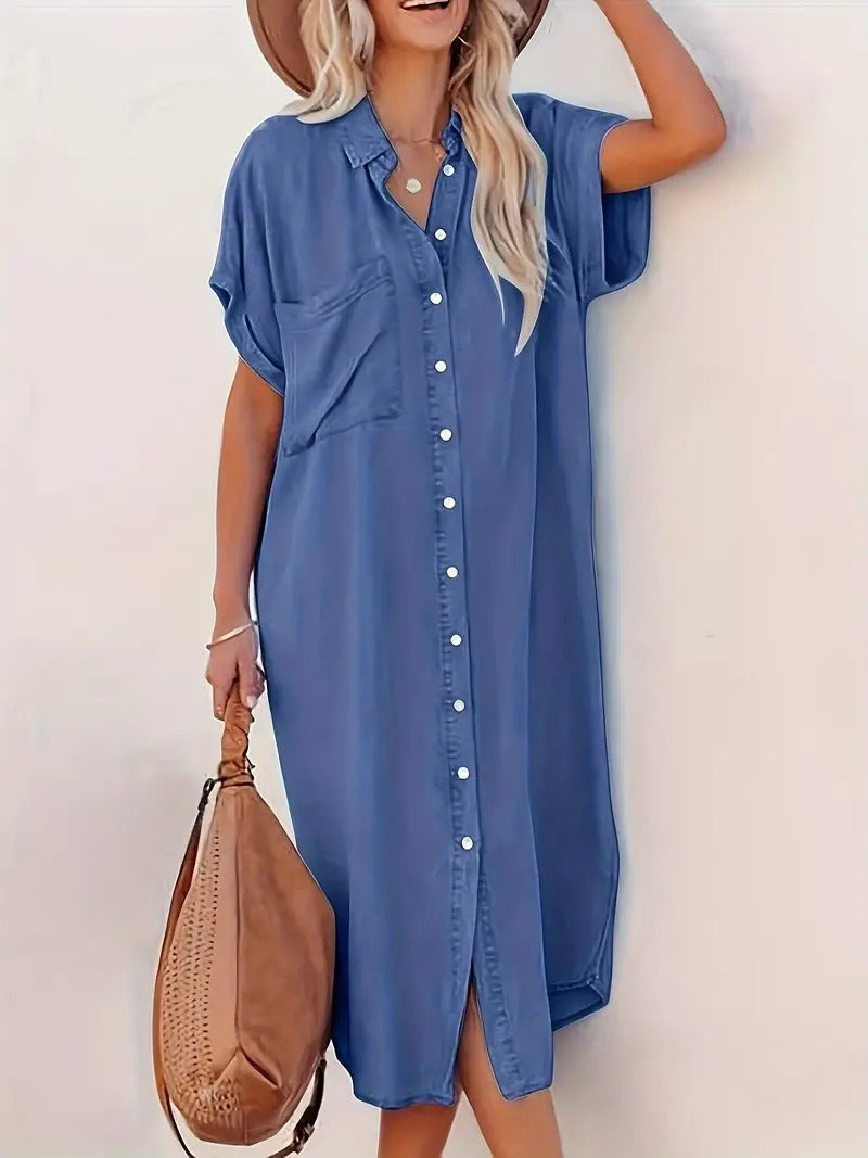Denim Collar Button Front Short Sleeve Pocket Midi Shirt Dress - View 7