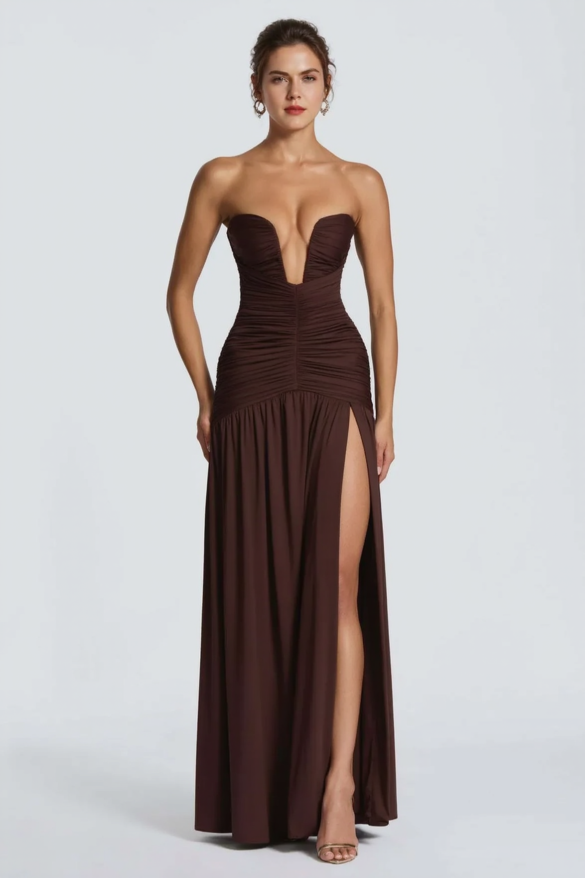 Strapless Plunge Ruched High Split Maxi Formal Gown - View 2