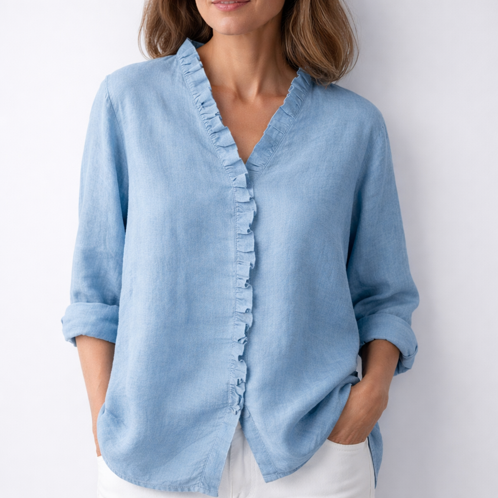 V-Neck Ruffle Placket Roll Sleeve Linen Shirt 3