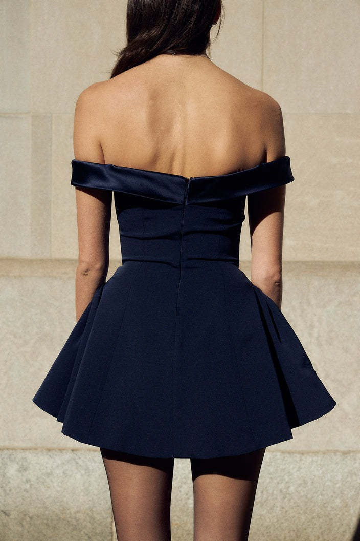 Satin Off Shoulder Sweetheart Fit and Flare Mini Dress - View 6