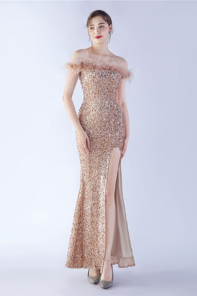 Sequin Off Shoulder Feather Trim High Split Mermaid Gown - View 5
