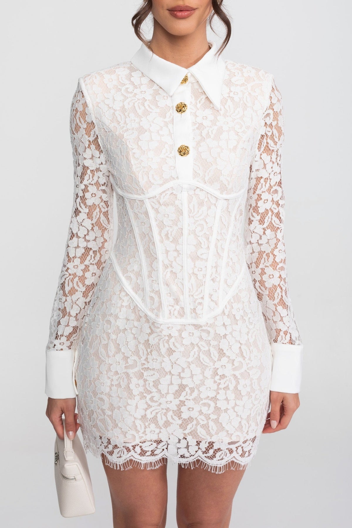 Long Sleeved Lace Mini Dress With Scallop Hem - White - View 5