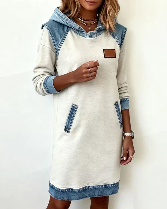 Hooded Denim Contrast Long Sleeve Sweatshirt Dress 3