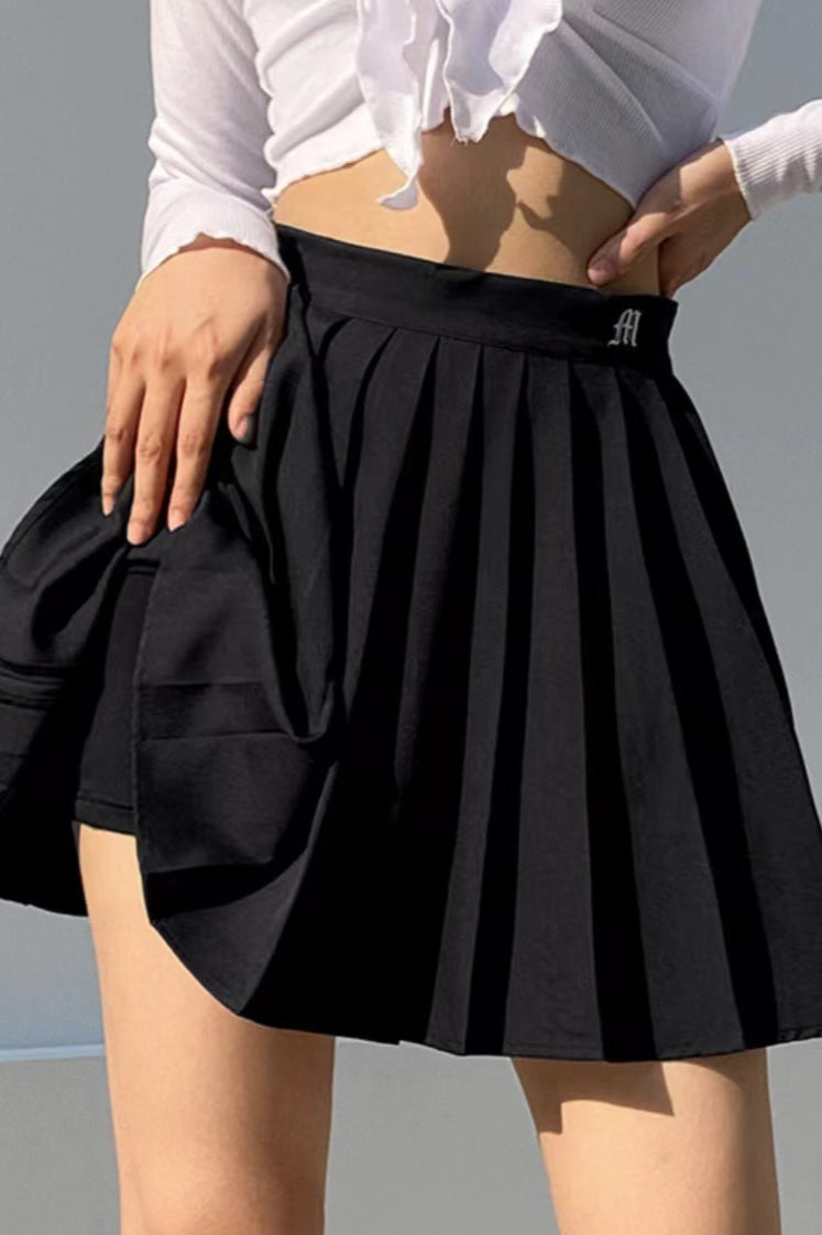 High-Waist Pleated Denim Mini Skort